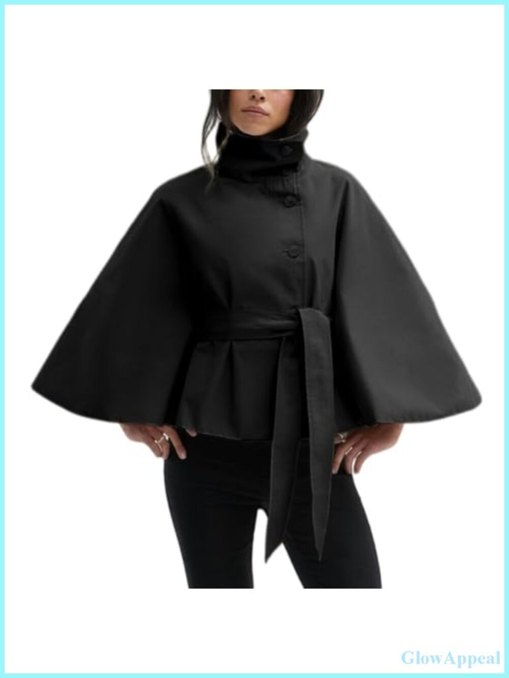 Women's Cape Trench Jacket High Collar Batwing Sleeve Spring Fall Pea Coat with